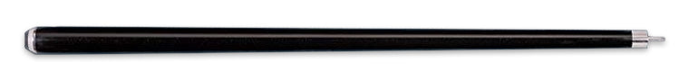 Glossy black pool cue butt on a black background.