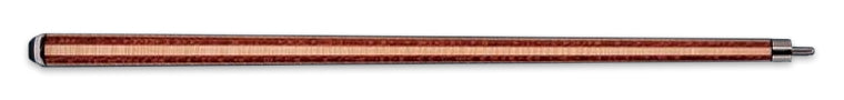 Two-toned wood pool cue butt on a black background.