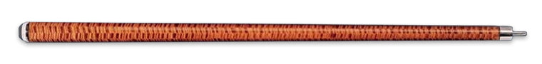 Brown patterned wood pool cue butt on a black background.