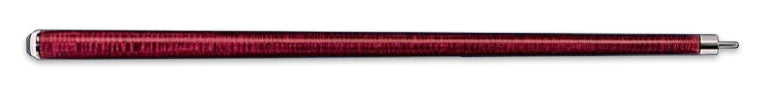 Burgundy patterned wood pool cue butt on a black background.