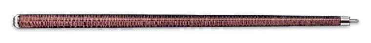 Dark brown patterned wood pool cue on a black background.