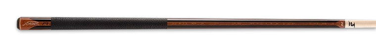 Black pool cue with brown wooden stripe and textured black wrap