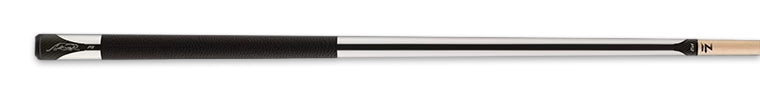White pool cue with textured black wrap and black stripe