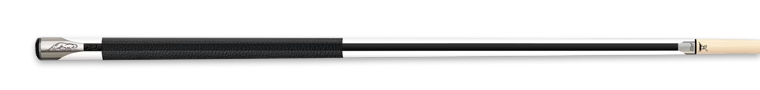White pool cue with black stripe and black textured wrap