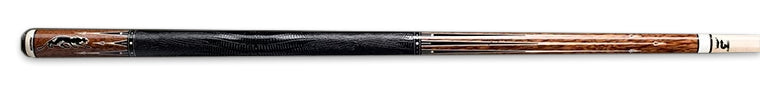 Black and dark brown pool cue with light brown accents