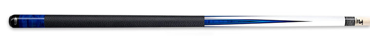 White and cobalt blue pool cue with textured black wrap on a white background.