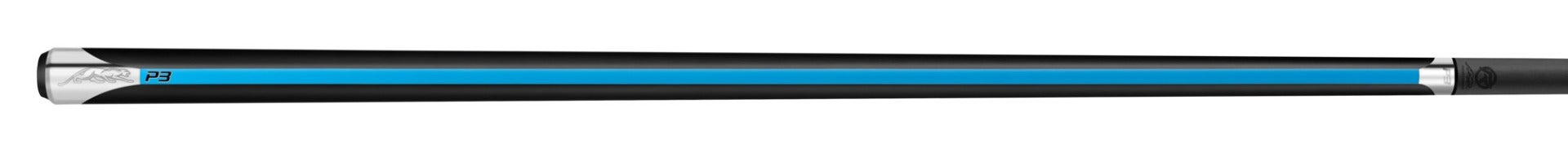Black pool cue with blue stripe and black P3 logo