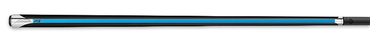 Black pool cue with blue stripe and black P3 logo