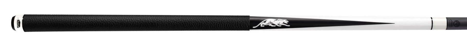 Black and white pool cue with white panther logo on a white background.
