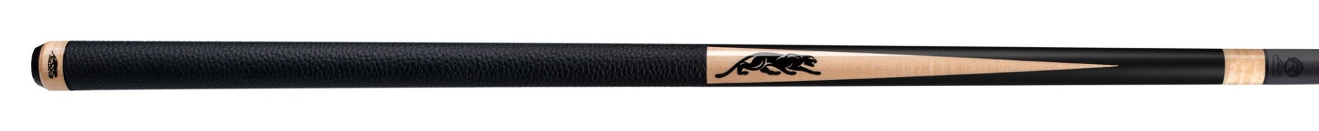Black pool cue with pale wood accents and black panther logo on a white background.