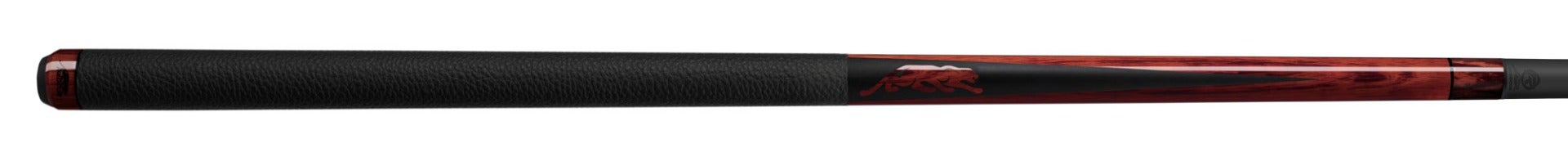 Black and dark wood pool cue with dark wood panther logo on a white background.