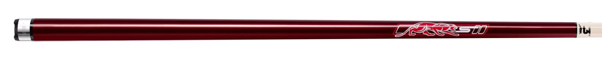 Glossy red pool cue with red panther logo on a white background.