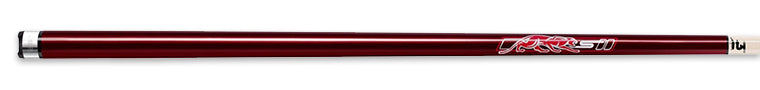 Glossy red pool cue with red panther logo on a white background.
