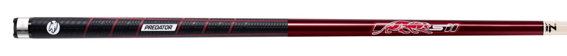 Red and black pool cue with PREDATOR text on butt and red panther logo on shaft