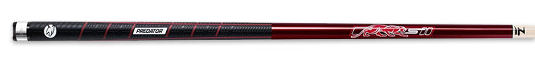 Red and black pool cue with PREDATOR text on butt and red panther logo on shaft