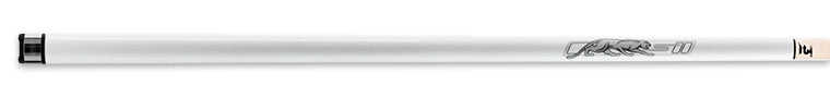 Glossy white pool cue with grey panther logo