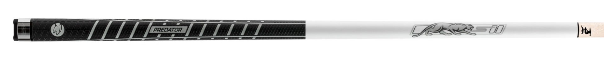Black and white pool cue with PREDATOR text on butt and panther logo on shaft