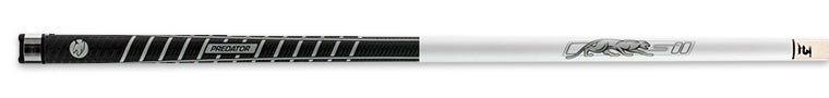 Black and white pool cue with PREDATOR text on butt and panther logo on shaft
