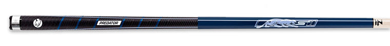 Blue and black pool cue with PREDATOR text on butt and blue panther logo on shaft
