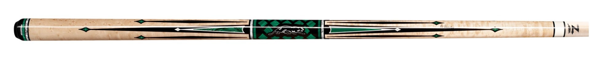 Pale wood pool cue with green and black design