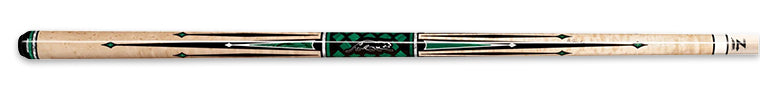 Pale wood pool cue with green and black design