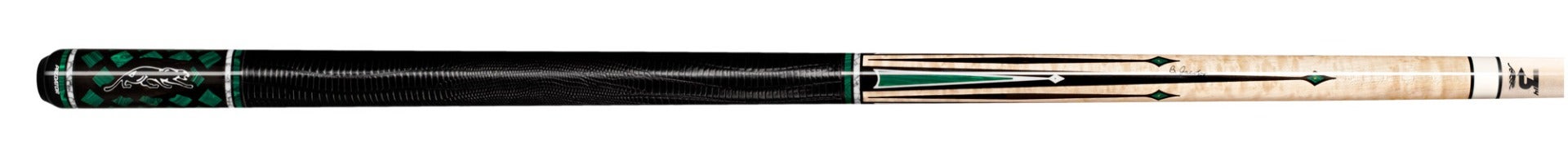Black and pale wood pool cue with green accents