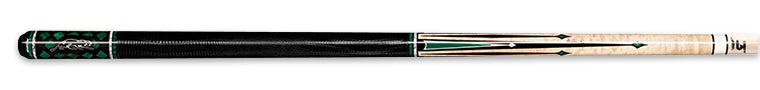 Black and pale wood pool cue with green accents