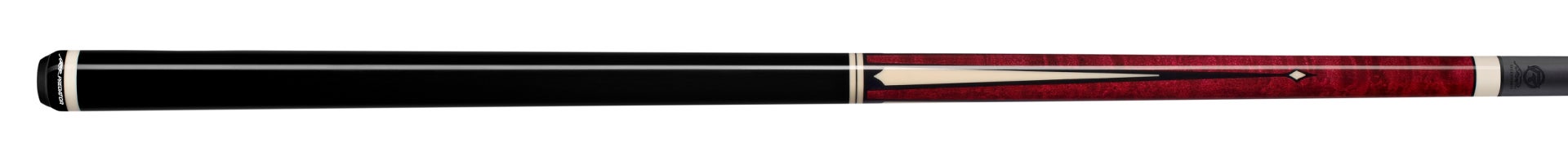Glossy black and red pool cue with light brown accent