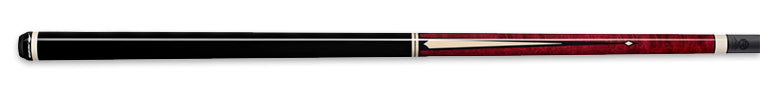 Glossy black and red pool cue with light brown accent