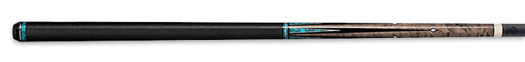Pool cue featuring a black and brown design with turquoise accents