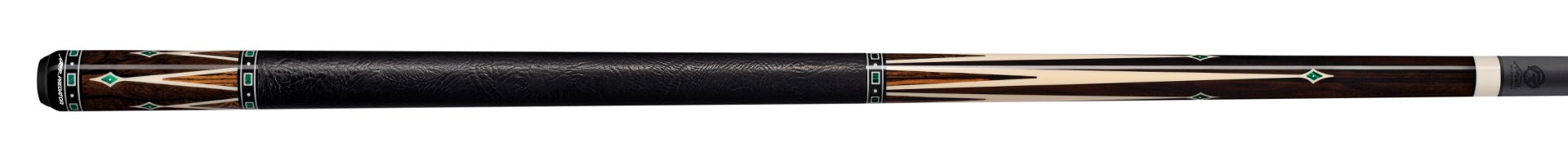 Black and dark brown pool cue with green and light brown accents