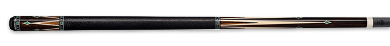 Black and dark brown pool cue with green and light brown accents