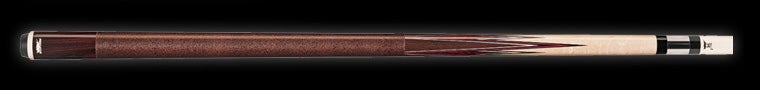 Two-toned wood pool cue on a black background.
