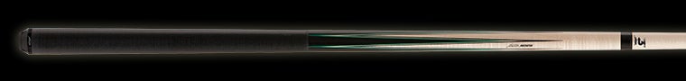 Black and pale wood pool cue with green accent on a black background.