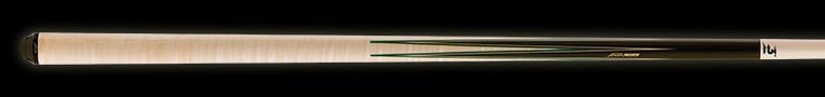 Two-toned wood pool cue with green accent on a black background.