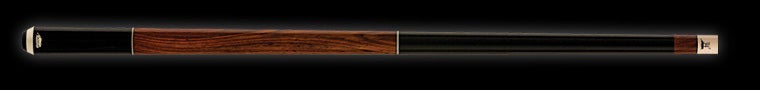 Black and dark brown wood pool cue on a black background.