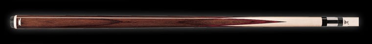 Dark and light two-toned wooden pool cue on a black background.