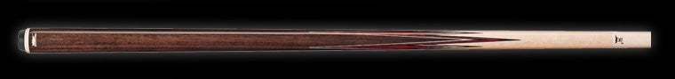 Two-toned wooden pool cue on a black background.
