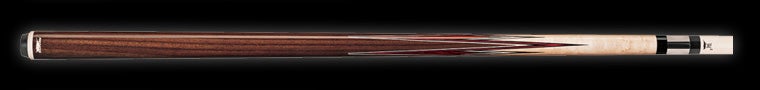 Two-toned wood pool cue on a black background.