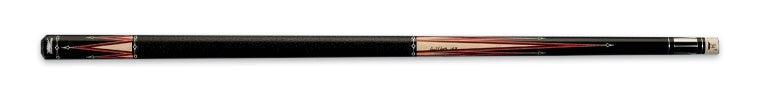Black pool cue with red and pale wood accents