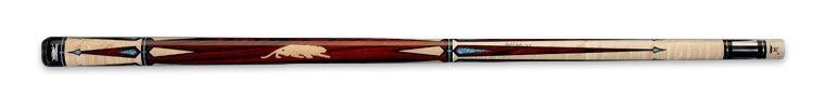 Red and pale wood pool cue with turquoise accents