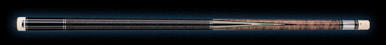 Black and brown wood pool cue with green accent on a black background.