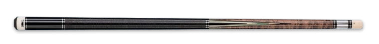 Black and brown wood pool cue with green accent on a black background.