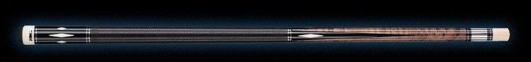Black and brown wood pool cue with white diamond accents on a black background.
