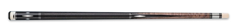 Black and brown wood pool cue with white diamond accents on a black background.