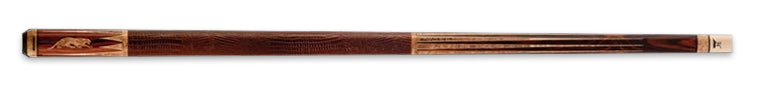Dark brown wood pool cue with lighter wood accents