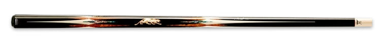 Glossy black pool cue with light and dark wood accents