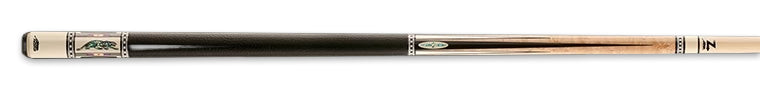 Black pool cue with pale wood and green accents