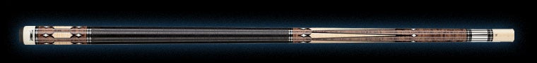 Black and brown pool cue with pale wood accents on a black background.