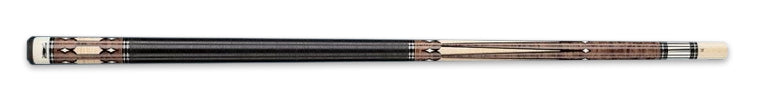 Black and brown pool cue with pale wood accents on a black background.